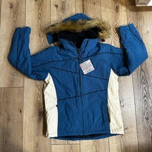 Kids Body Glove blue white ski jacket detachable hood multiple pockets